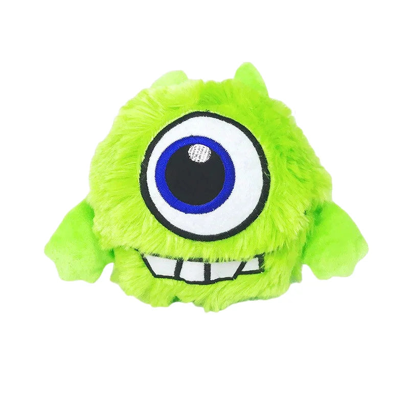 Jouet interactif pour chien : monstre en peluche qui rebondit et rigole, photo de la variante verte sur fond blanc.