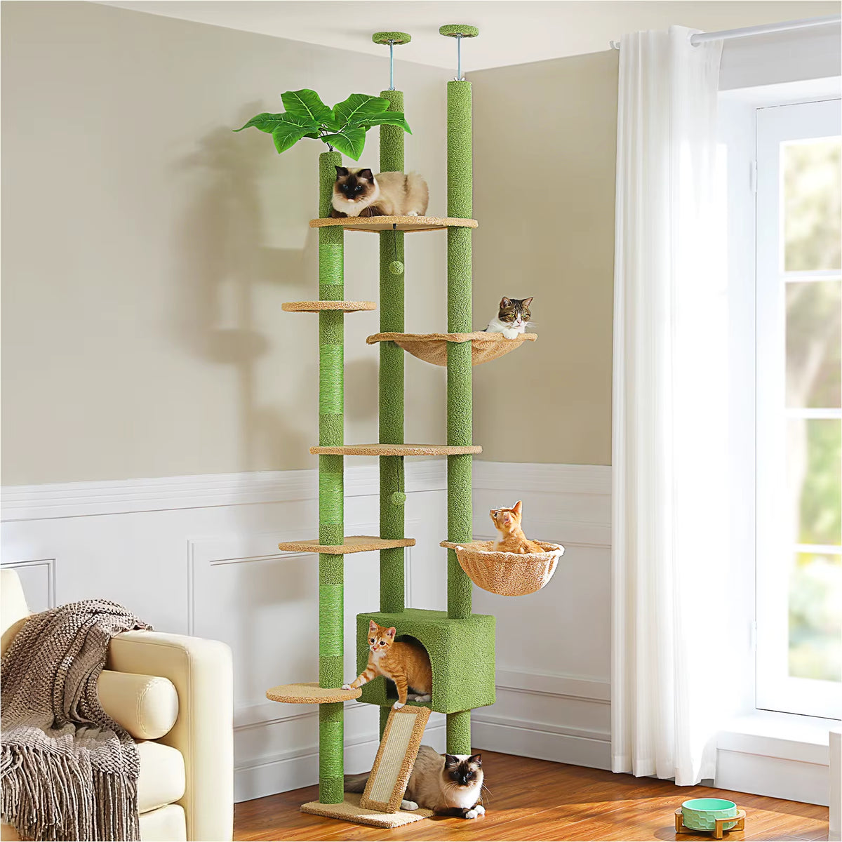 Arbre à chat sol-plafond en bois coloris vert dans une maison moderne au murs taupe.