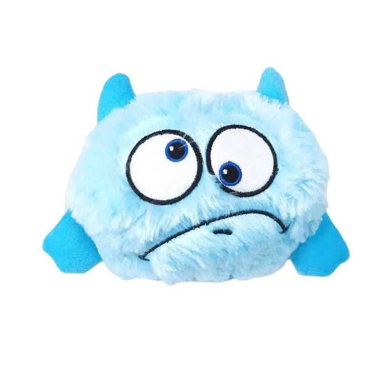 Jouet interactif pour chien : monstre en peluche qui rebondit et rigole, photo de la variante bleue ciel sur fond blanc.