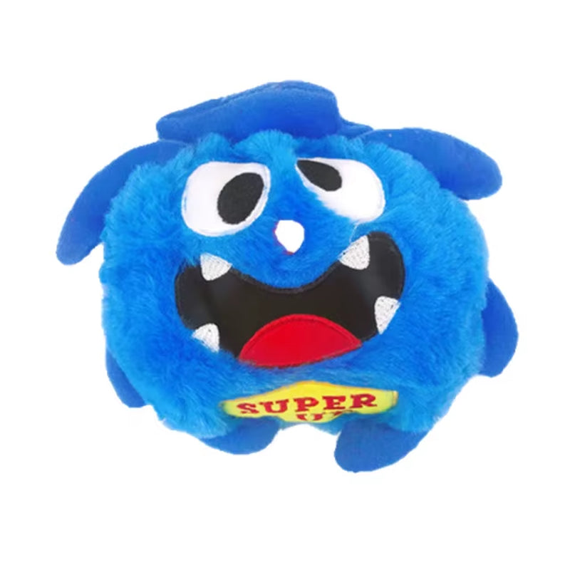 Jouet interactif pour chien : monstre en peluche qui rebondit et rigole, photo de la variante bleue avec écrit "super pup", sur fond blanc.
