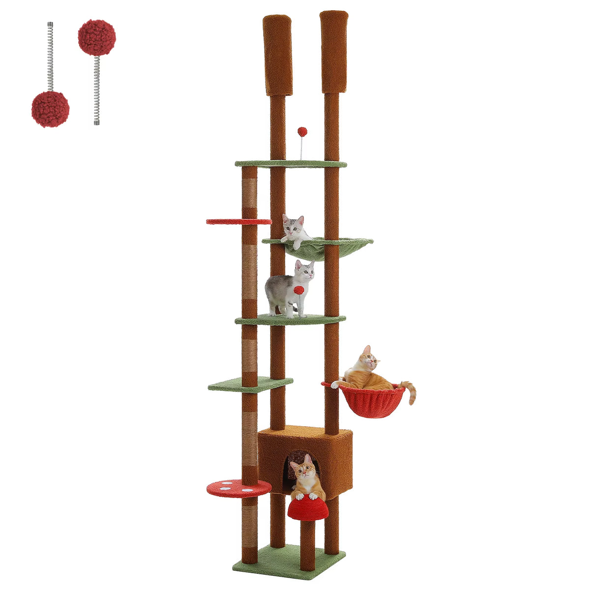 Arbre à chat sol-plafond en bois coloris marron sur fond blanc.