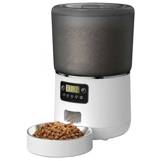 Distributeur de croquettes automatique 4 L pour chat et chien : programmable, anti-blocage, anti-insectes, bol inox, vue de face coloris blanc.