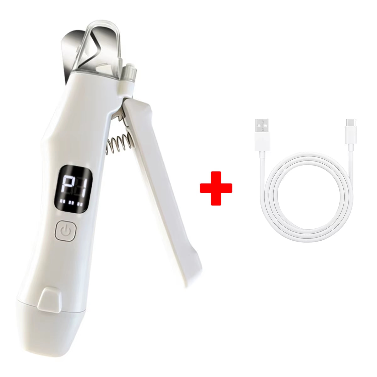 Coupe-griffes électrique 2 en 1 pour chien et chat avec lumière LED, et son câble de recharge.