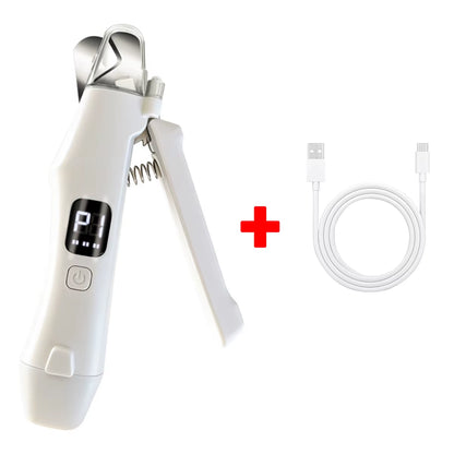 Coupe-griffes électrique 2 en 1 pour chien et chat avec lumière LED, et son câble de recharge.
