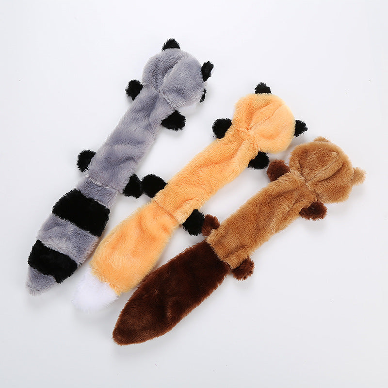 Peluche qui couine pour chien : formes d'animaux, photo verso des trois variantes sur fond blanc.