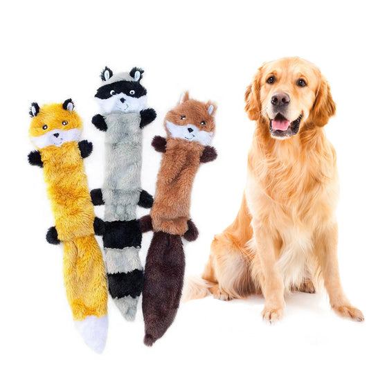 Photo des 3 peluches qui couinent pour chien en forme d'animaux sur fond blanc, avec un golden retriever assis en arrière plan.