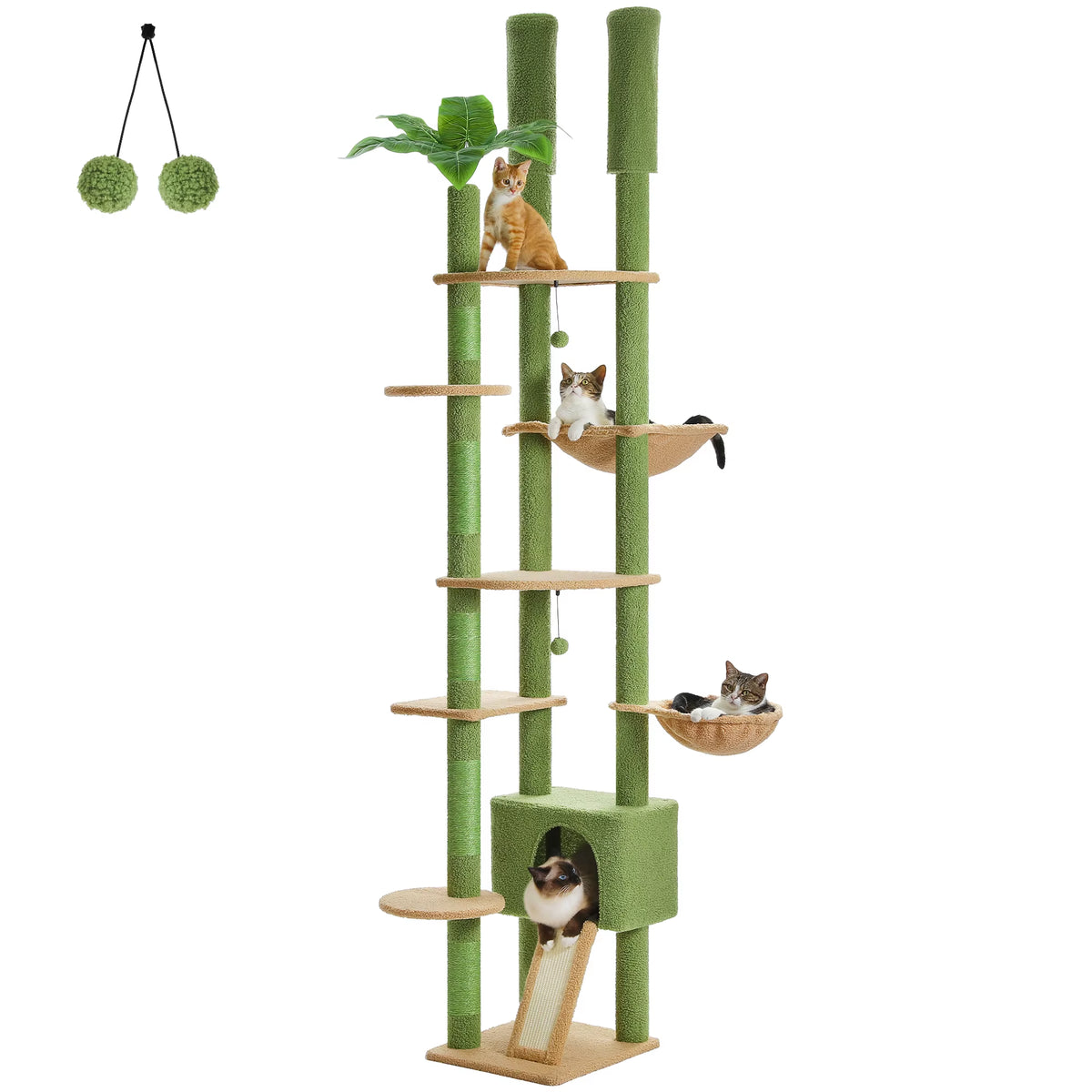 Arbre à chat sol-plafond en bois coloris vert sur fond blanc.