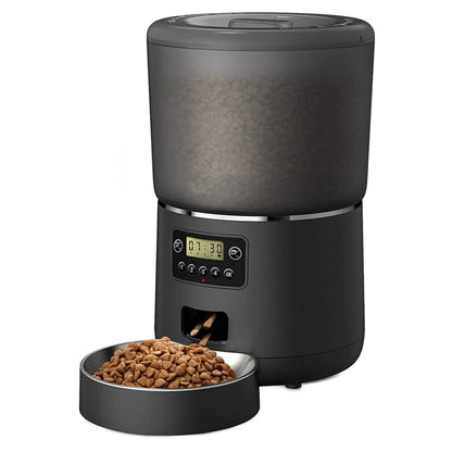 Distributeur de croquettes automatique 4 L pour chat et chien : programmable, anti-blocage, anti-insectes, bol inox, vue de face coloris noir.