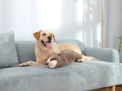 Peluche paresseux avec battement de cœur pour chiot, photo du jouet à coté d'un labrador allongé sur un canapé.