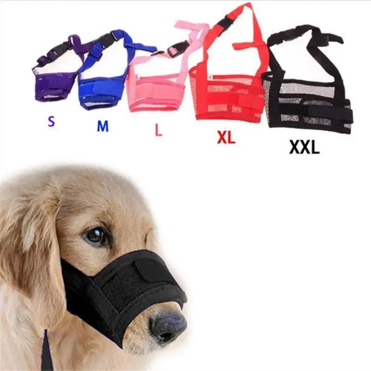 Photo d'un chien portant la muselière réglable en maille pour chien avec toutes les tailles disponibles.