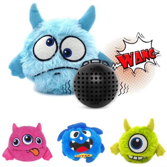Jouet interactif pour chien : monstre en peluche qui rebondit et rigole, photo de toutes les variantes et du dispositif à l'intérieur.
