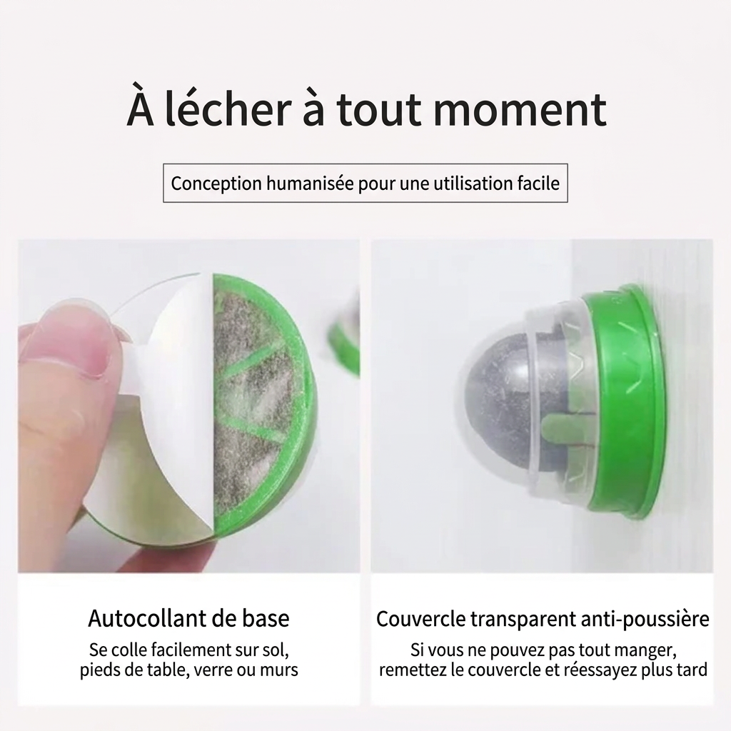 Photo de la balle d'herbe à chat qui explique qu'elle est auto-adhésive t munie d'un couvercle pour pouvoir la refermer.