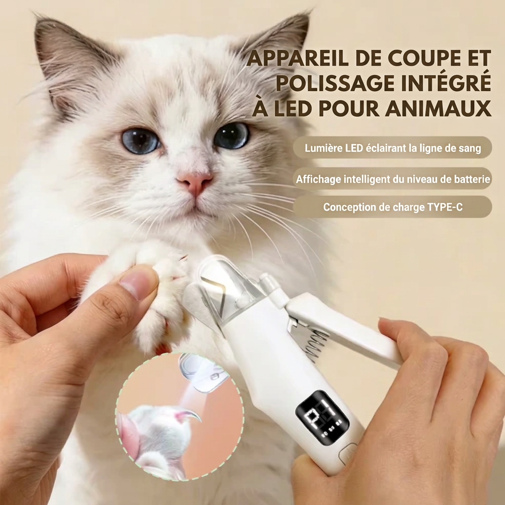 Photo appareil de coupe et de polissage intégré à LED pour animaux. Lumière LED éclairant a ligne de sang, affichage intelligent du niveau de batterie et conception de charge type USB-C.