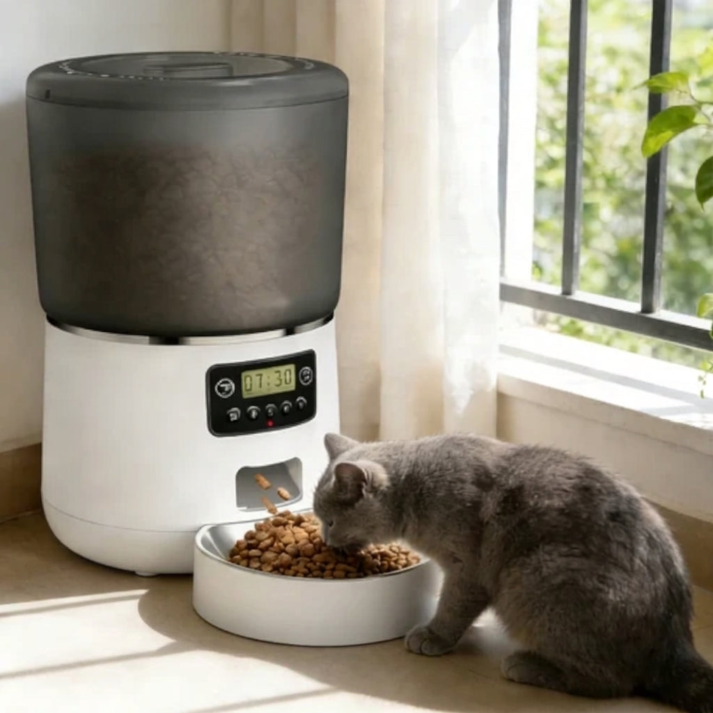 Photo d'un chat gris mangeant dans le bol en inox du distributeur automatique de croquettes 4L.