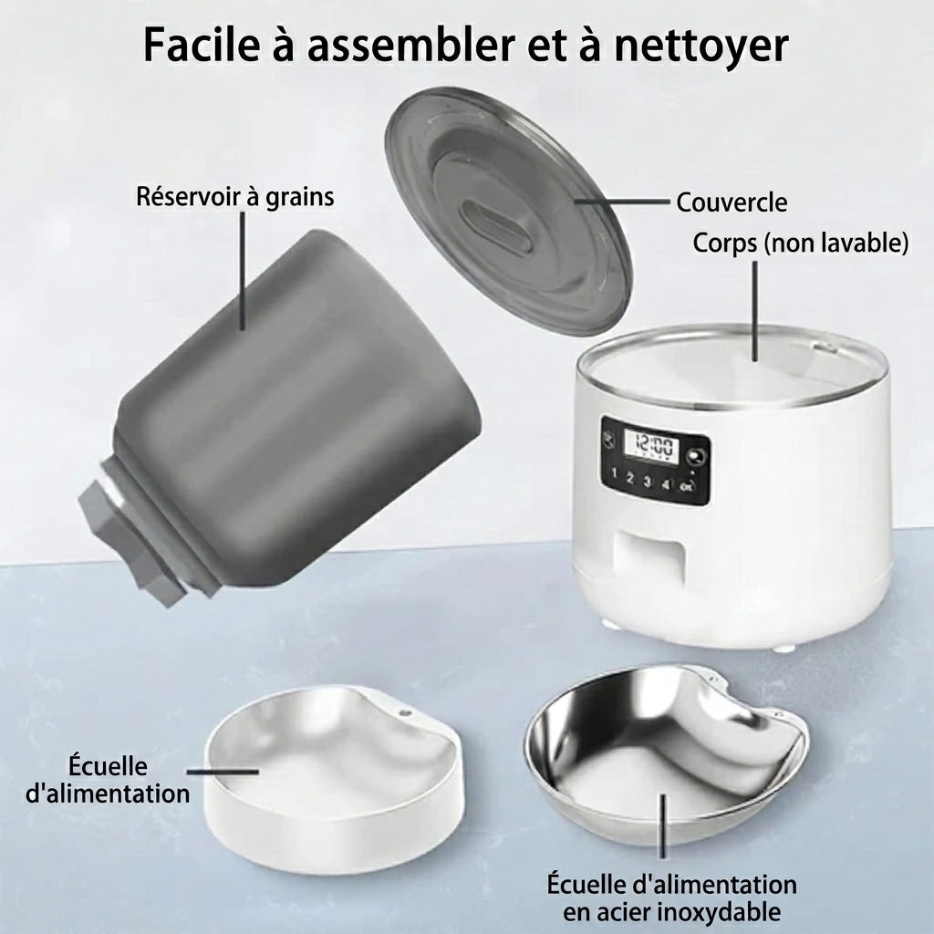 Vue éclatée du distributeur automatique de croquettes 4L.
