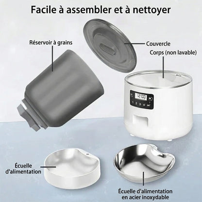 Vue éclatée du distributeur automatique de croquettes 4L.