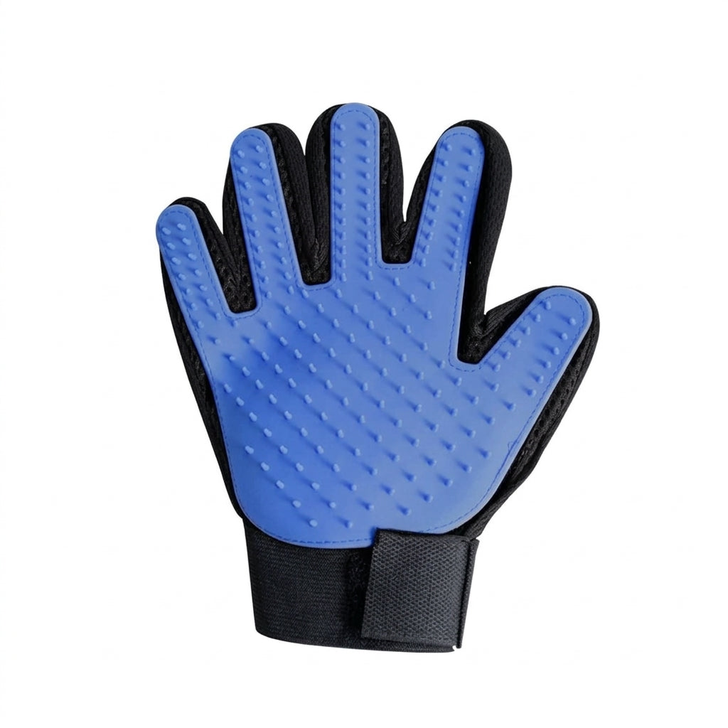 Gant de toilettage en silicone pour chien et chat main droite de couleur bleue.
