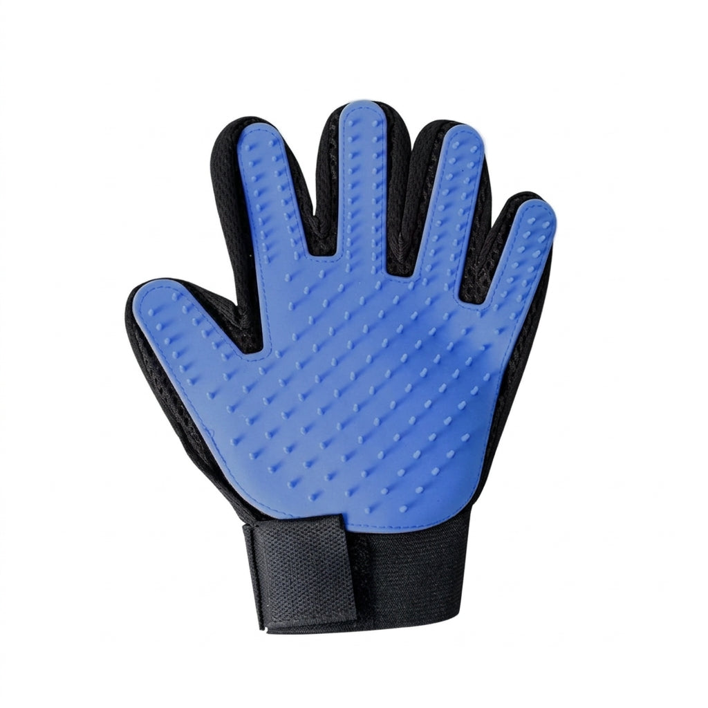 Gant de toilettage en silicone pour chien et chat main gauche de couleur bleue.