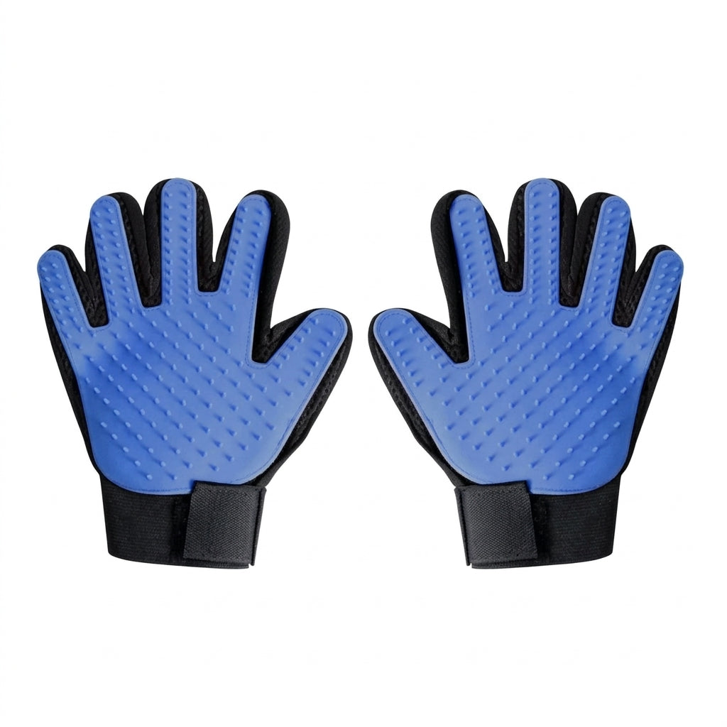 Gants de toilettage en silicone pour chien et chat, une paire de couleur bleue.