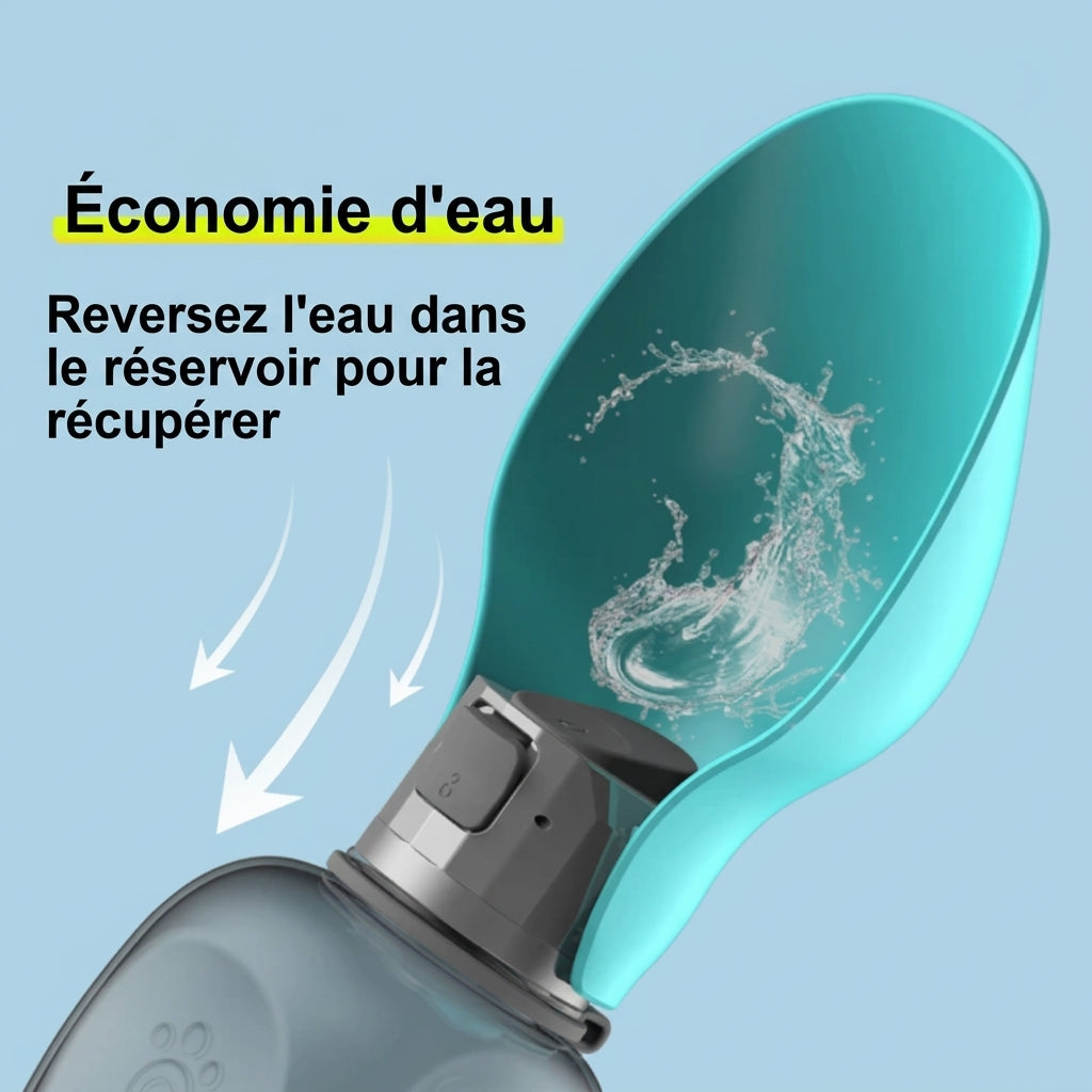 Gourde de balade pour chien : reversez l'eau dans le réservoir pour la récupérer.