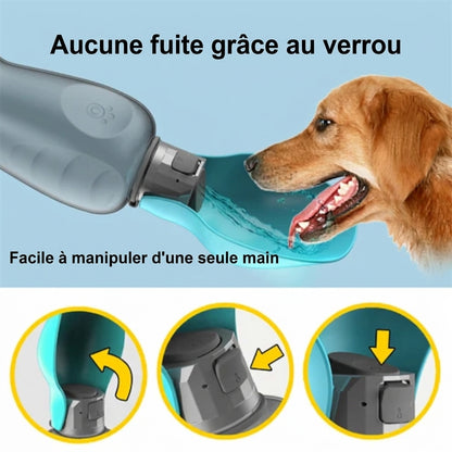 Gourde de balade pour chien, aucune fuite grâce au verrou. Image d'un chien buvant dans l'abreuvoir de la gourde.