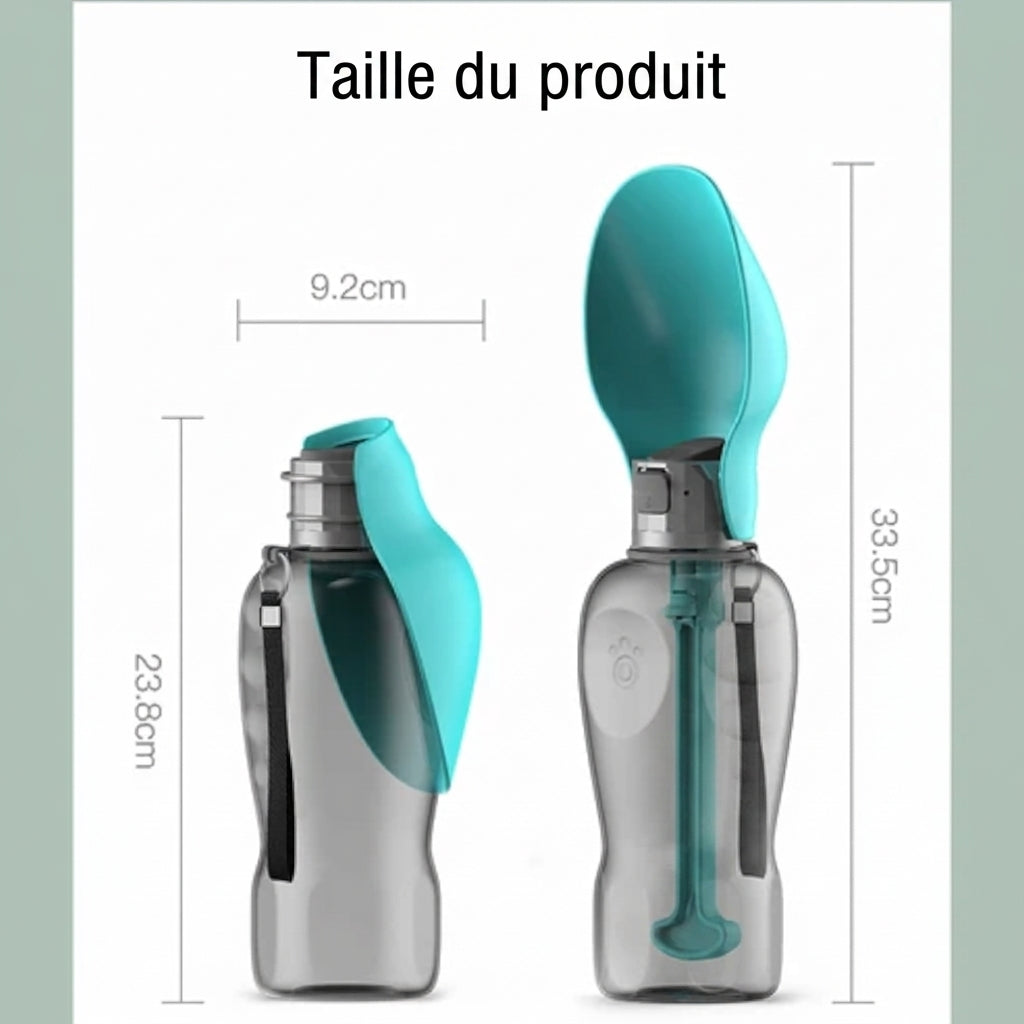 Taille de la gourde de balade pour chien : 23,8 cm repliée, 33,5 cm dépliée, et 9,2 cm de large.