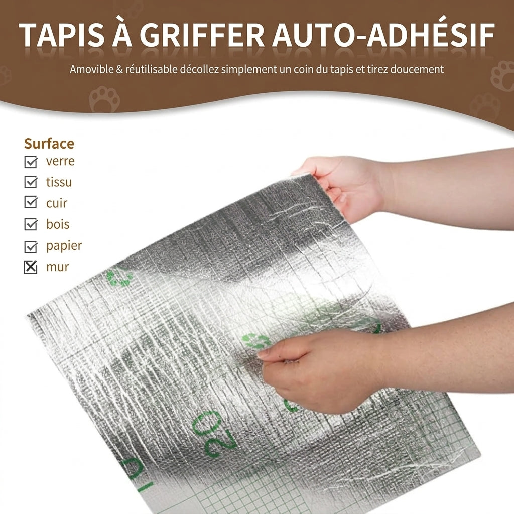 Vue verso du tapis à griffer auto-adhésif, avec les surfaces où le coller : verre, tissu, cuir, bois et papier. Pas recommandé sur les murs.