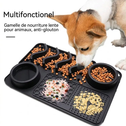 Photo montrant un chien qui mange de la nourriture étalée sur le tapis de léchage anti-glouton en silicone.